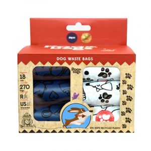 Poo bags azules y blancas reciclables higiénicas 18 rollos x 15 unidades.